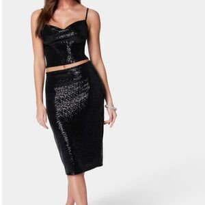 Bebe Black Sequin Crop Top & Skirt Set XS